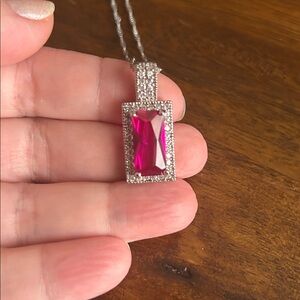 Ruby Cubic Zirconia Rectangular Pendant and Silver Twisted Chain
